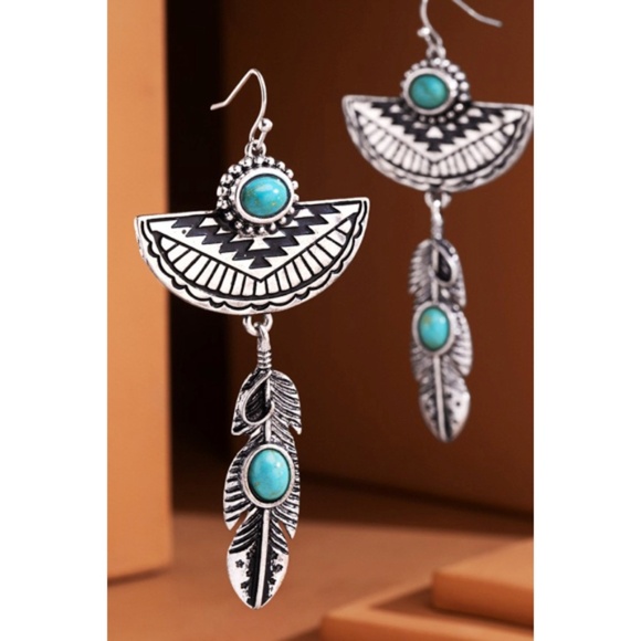 Western Silver Turquoise Navajo Bohemian Feather Dandle Earrings - Picture 1 of 3